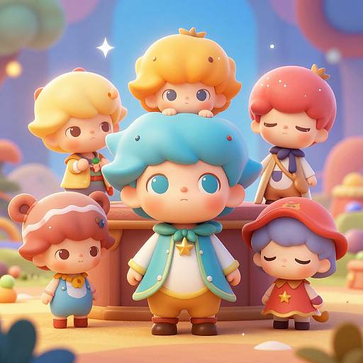 Cute, cartoon-style digital artwork of six chibi characters with colorful hair and outfits, standing in a whimsical, colorful outdoor setting.