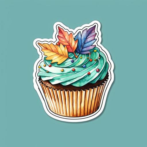 Watercolor Cupcake Sticker with Autumn Leaves