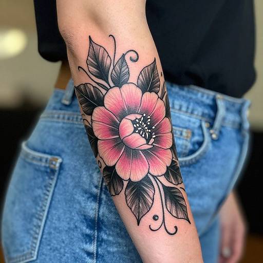 Photograph of a person's upper arm with a colorful, detailed tattoo of a pink and black flower with leaves, wearing blue jeans and a black shirt