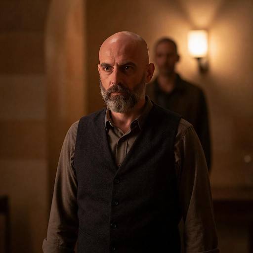 Serious Middle-aged Man in Dimly Lit Stone Room