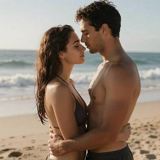 Sunlit Lovers Embrace on Sandy Beach