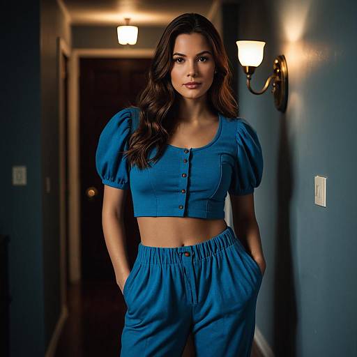 Young Woman in Blue Crop Top and Pants Indoors