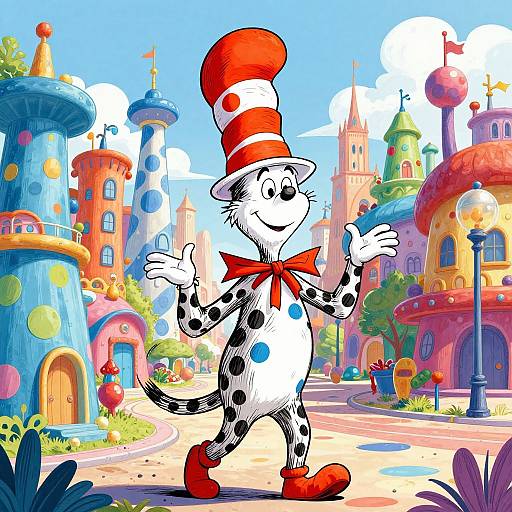 Colorful digital illustration of a smiling, anthropomorphic Dalmatian in a red hat and bowtie, standing in a whimsical, fairy-t