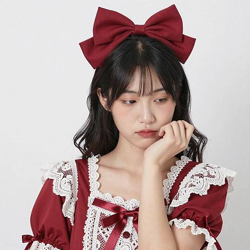 Shy Asian Woman in Lace Dress