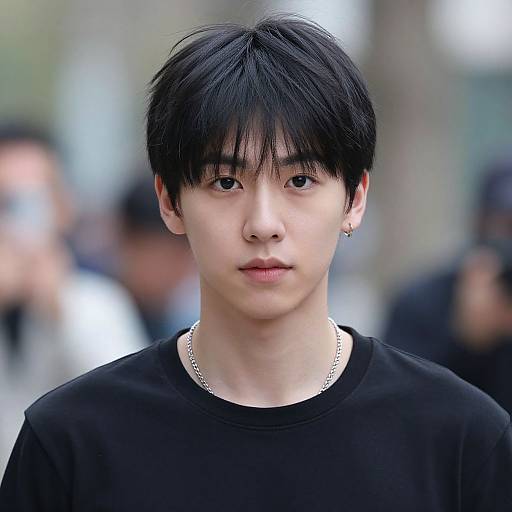 Photograph of an East Asian young man with short black hair, wearing a black shirt and silver chain, standing outdoors with a blurred background of people.