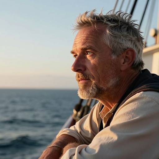 Photograph of a weathered, grey-haired man with a beard, wearing a white shirt, gazing at the ocean during sunset.