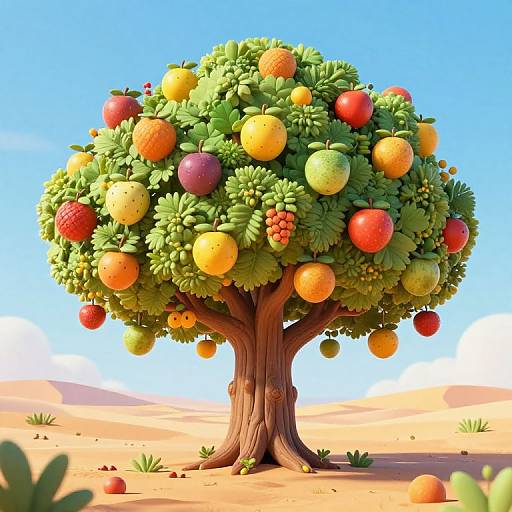 Vibrant digital illustration of a fruit tree with colorful apples, oranges, and pineapples, set against a bright blue sky and sandy desert.