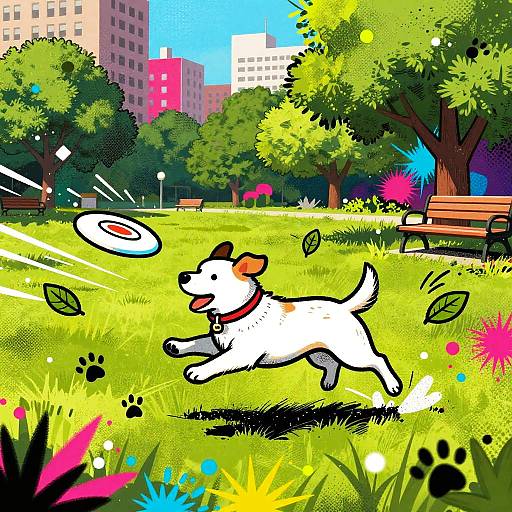 Vibrant digital illustration of a white dog with brown patches chasing a frisbee in a sunny park, surrounded by colorful foliage, urban buildings,