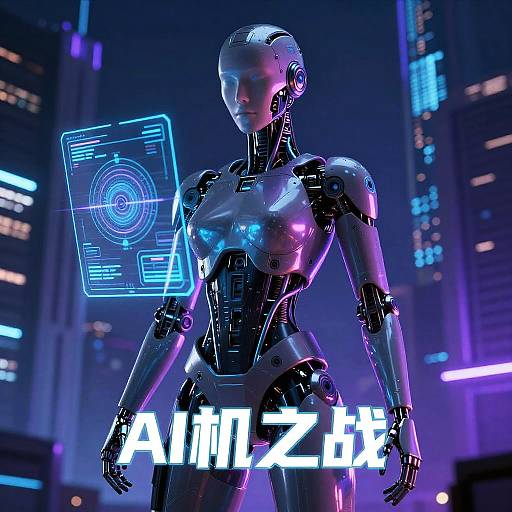 CGI image of a futuristic, neon-lit, silver and black humanoid robot with glowing blue eyes, displaying 