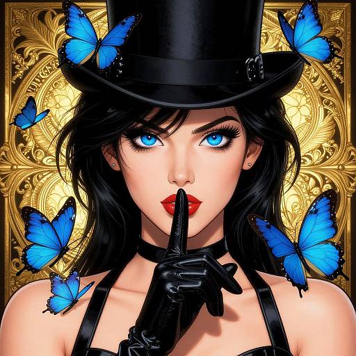 Digital art of a pale-skinned woman with striking blue eyes, black hair, and red lips, wearing a top hat and black gloves, shushing