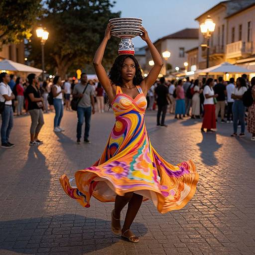 Photograph of a dark-skinned woman in a vibrant, swirling orange dress, holding a colorful cup, dancing on a cobblestone street at dusk