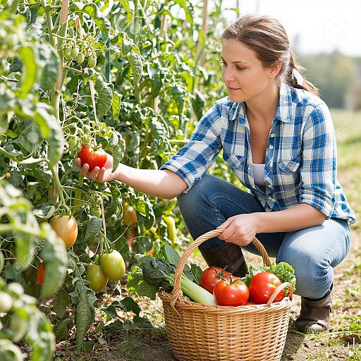 Woman Harvesting Tomatoes on Farm