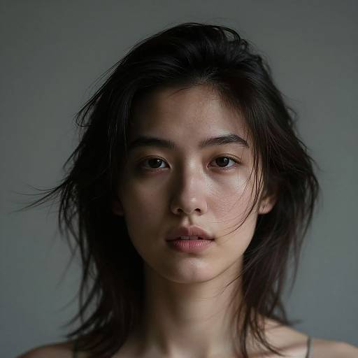 Photograph of an Asian woman with medium-length, disheveled black hair, pale skin, and neutral expression, set against a plain gray background.