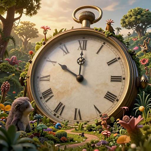 Photorealistic digital art: oversized vintage pocket watch with Roman numerals, surrounded by vibrant, whimsical garden flowers, and a small, fluffy gray