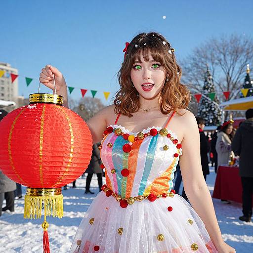 Photograph of a fair-skinned woman with green eyes, brown hair, wearing a colorful, striped, tulle dress, holding a red lantern,
