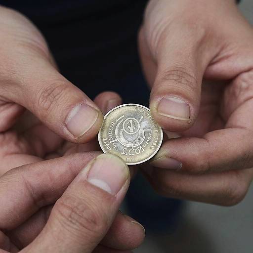 Close-Up of Hands Holding Silver Coin
