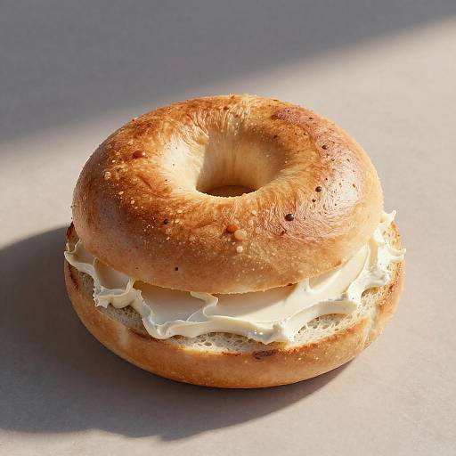Photograph of a toasted bagel with cream cheese, sunlight casting a shadow, highlighting the bagel's golden-brown crust and soft texture.