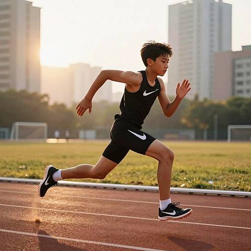 Photograph of an Asian male runner in black Nike sports outfit, mid-stride on a red track, with sunlit cityscape and green field in