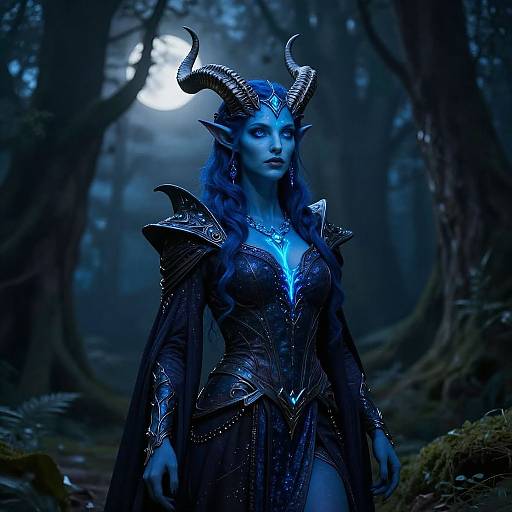 Digital fantasy artwork of a blue-skinned female demon with glowing horns, long wavy hair, and intricate dark armor, standing in a mystical, moon