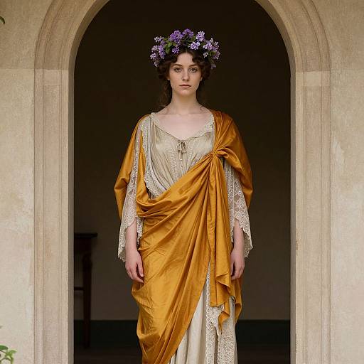 Photograph of a pale-skinned woman with dark hair, wearing a golden-orange draped gown, white lace trim, and a purple flower crown, standing