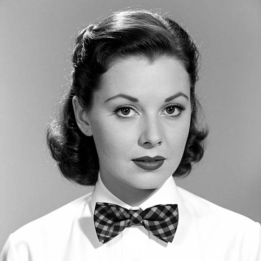 Black and white photograph of a 1940s-style woman with dark, wavy hair, wearing a white shirt and checkered bow tie, looking
