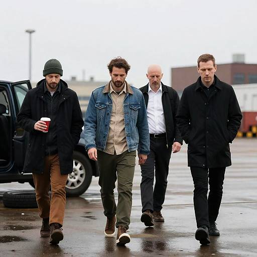Men Walking on Industrial Dock in Rain