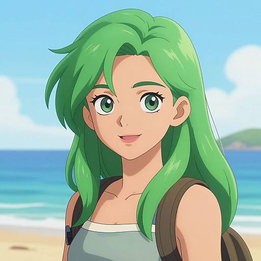 Vibrant Green-Haired Woman by Seaside