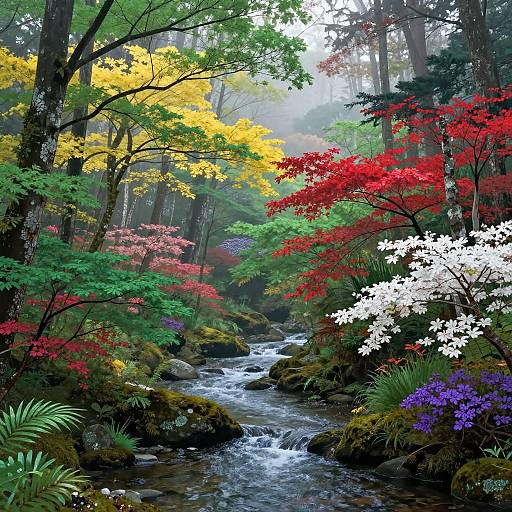 Photograph of a vibrant forest stream with colorful autumn leaves (yellow, red, white, purple) surrounding a flowing, rocky watercourse.