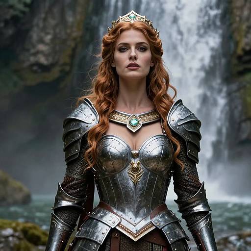 Photorealistic CGI of a red-haired woman with wavy hair, wearing ornate silver armor and a jeweled tiara, standing before a casc