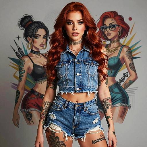 Confident Woman with Red Hair in Denim Outfit