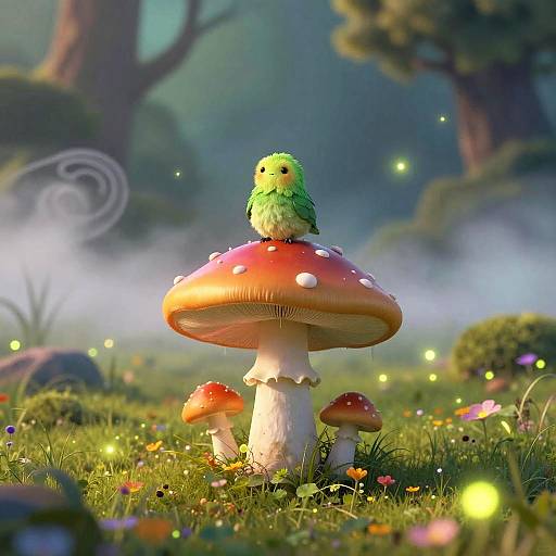 CGI image of a green, feathered bird perched on a large, red-spotted mushroom in a magical, misty forest with glowing fire