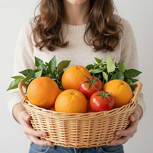 Photograph of a woman with wavy brown hair, wearing a white sweater, holding a wicker basket filled with bright orange oranges and red tomatoes,