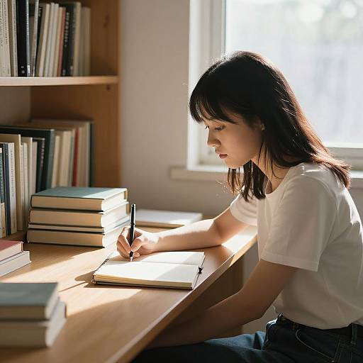 Photograph of an Asian woman with dark hair, wearing a white t-shirt, writing in a notebook at a sunlit wooden desk, surrounded by stacked