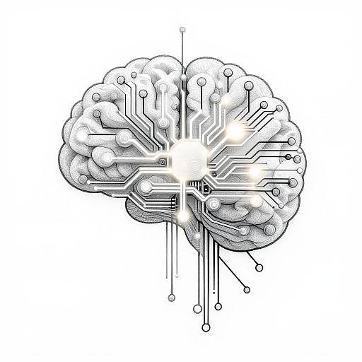 Digital illustration of a 3D brain with circuitry lines and glowing white nodes, blending biology and technology, in black and white.