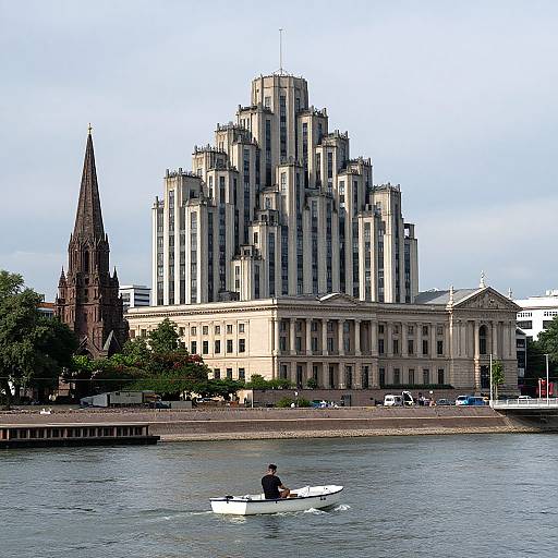 Photograph of a person rowing a white boat on a river, with a tall, Gothic-style church and a modern, Art Deco skyscraper
