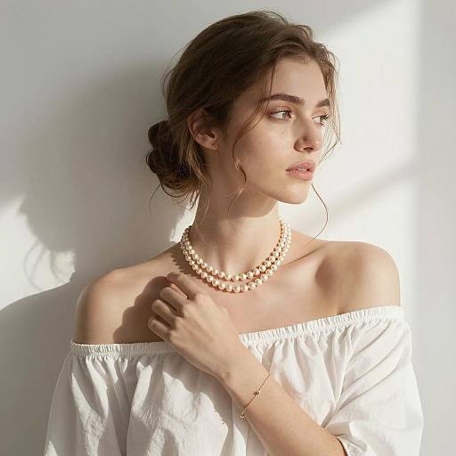 Woman in Off-Shoulder Top with Pearl Necklaces