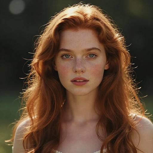 Photograph of a fair-skinned, freckled young woman with long, wavy red hair and blue eyes, standing outdoors with sunlight highlighting her