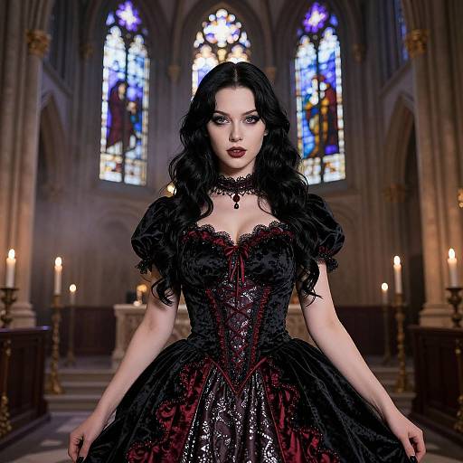 Photograph-style digital illustration of a pale-skinned woman with long black hair in a gothic black and red lace dress, standing in a dimly