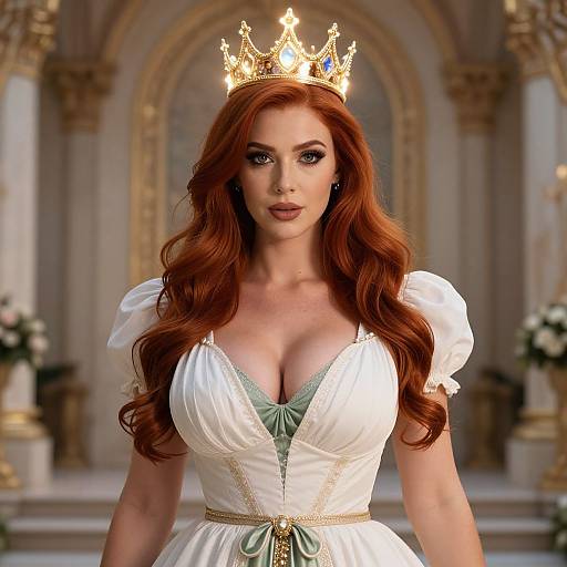 Photorealistic digital art of a red-haired woman with large breasts, wearing a white dress, green lace trim, and a golden crown, standing in