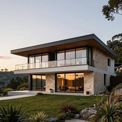 Photograph of a modern, two-story house with stone facade, large glass windows, extended roof, balcony, and lush garden at sunset.