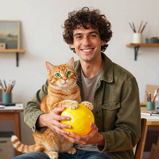 Curly-haired man smiling, holding orange tabby cat with green eyes and yellow ball, in brightly lit art studio.