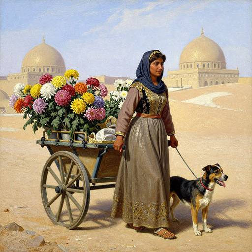Photograph of a South Asian woman in traditional attire, pulling a flower cart with vibrant blooms, leading a dog, in front of two domed buildings
