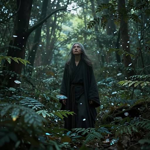 Photograph of a young woman with long, gray hair in a dark robe, standing in a dense, enchanted forest with glowing fireflies surrounding her.