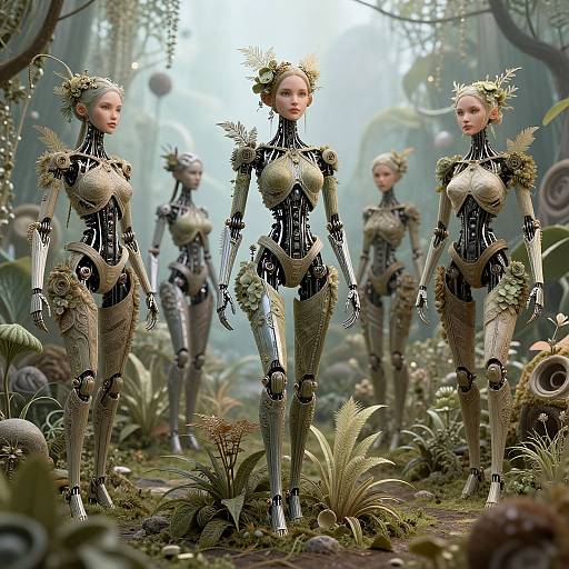 Photorealistic CGI of four sleek, golden-armored, humanoid robots with floral headpieces standing in a lush, futuristic forest.