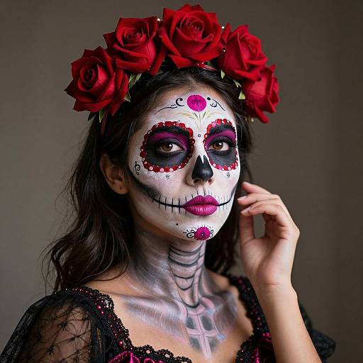 Photograph of a woman with white face paint, red flower crown, black lace dress, and Day of the Dead makeup, with a hand touching her