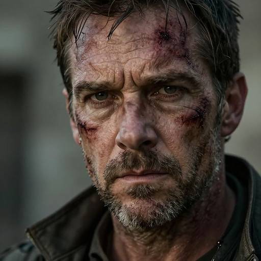 Close-up photograph of a rugged, middle-aged man with blood-stained face, unkempt hair, and intense expression, wearing a dark jacket.