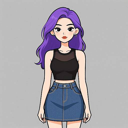 Digital anime-style drawing of a young woman with long purple hair, black sleeveless top, and blue denim skirt, standing against a light blue background.