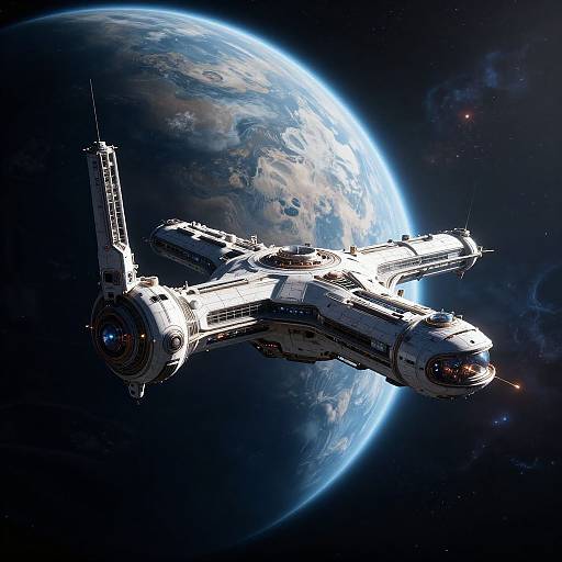 Digital illustration of a futuristic white spaceship with detailed engine and antenna, flying near a glowing blue and white Earth in space.