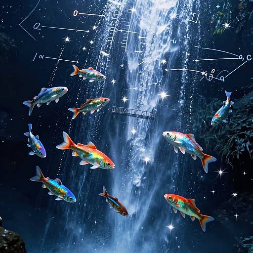Photograph of colorful koi fish swimming around a bright, illuminated waterfall in a dark aquarium, with white star-like sparks and astrological symbols in the