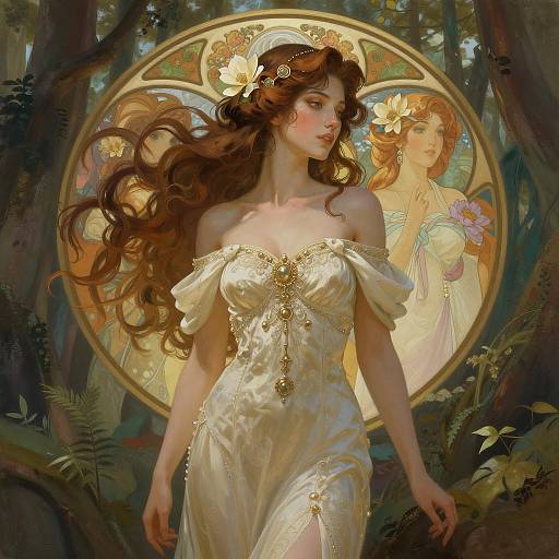 Elegant Fantasy Woman in Forest with Art Nouveau Background